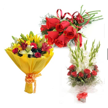 3-bouquets 6 red Roses Yellow lilies red roses White gladiollus red roses