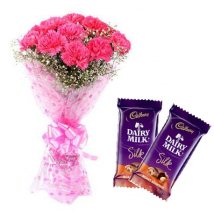 2 Cadburys Silk chocolates with 10 Pink Carnations