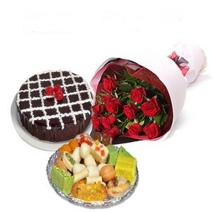 Half Kg Mix Barfi with 1/2 Kg Chocolate Cake and 12 Red roses bouquet