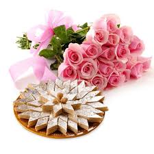 1 Kg kaju Barfi and 12 pink roses