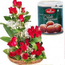 Box of Gulab Jamun and 18 red roses basket