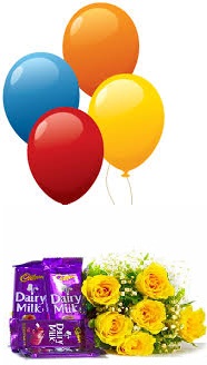 4 Blown balloons 6 yellow roses hand tied 4 Dairy milk chocolate bar
