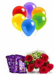 5 Air Blown balloons 6 Red roses hand tied 4 Dairy milk chocolate bars