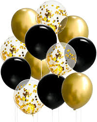 15 golden black and confetti helium gas inflated birthday balloons tied with ribbons and roses