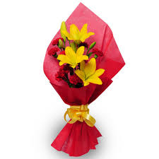 Red Roses Yellow Liliums bouquet