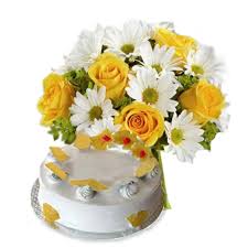 1/2 Kg pineapple EGGLESS cake 12 white gerberas yellow roses bouquet