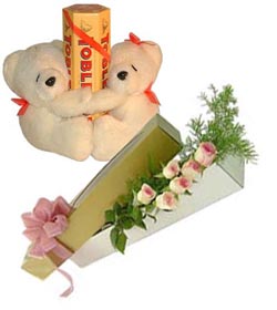 2 teddies (6 inches) with Toblerone chocolates and 6 pink roses