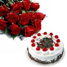 Dozen red roses and 1/2 Kg Eggless Black forest cake