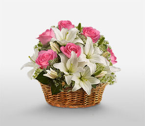 White Lilies with Pink Roses in basket