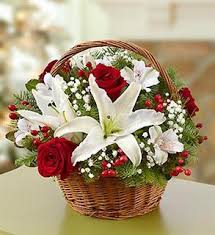 Short stems of White Lilies with Red Roses in basket