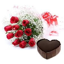 10 Red roses bouquet with 1 Kg heart chocolate truffle Cake