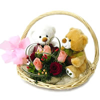 2 Teddies (6 inches) With8 Roses in same basket
