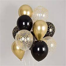 10 golden black and confetti helium gas inflated birthday balloons tied with ribbons and roses