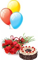 3 Gas Filled Balloons 6 Red roses 1/2 Kg BlackForest cake
