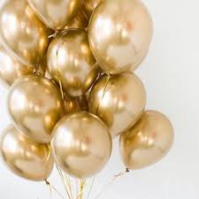 20 golden gas filled balloons tied with ribbons and roses