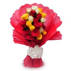 12 Assorted roses in bouquet with Red wrapping