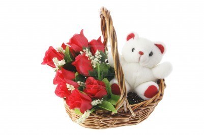 Teddy 6 inches+6Red Roses in same basket