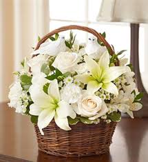 White Lilies with WHITE Roses in basket