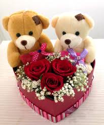 2 Teddies 6 inches each 3 red roses in same basket
