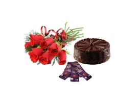 5 Cadburys Silk chocolates with 6 red roses and Half kg chocolate cake