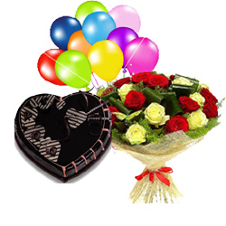 1 Kg Chocolate Heart Cake with 10 Air filled Balloon and 10 Red Yellow roses bouquet