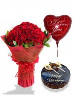 1/2 Kg Chocolate Cake with 1 red heart Air filled Balloon and 18 Red roses bouquet