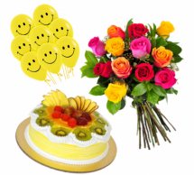 8 Air Filled Smiley Balloons with 8 Mix roses bouquet and 1/2 Kg Fresh Fruit cake