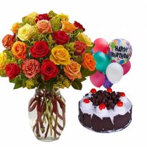 5 Air Filled Balloons with 12 Mix roses Vase and 1/2 kg Black Forest cake
