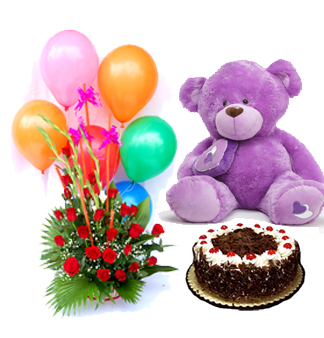 6 Air Filled Balloons with 12 red roses Basket and 1/2 Kg Black Forest cake with 12 inches Teddy (Teddy Colour May Vary)