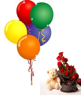 8 Air Balloons with 20 red roses basket 6 inches Teddy and 1/2 Kg Black forest Cake