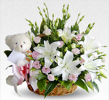 White Teddy(6 inches) White Carnation white liliums in same basket