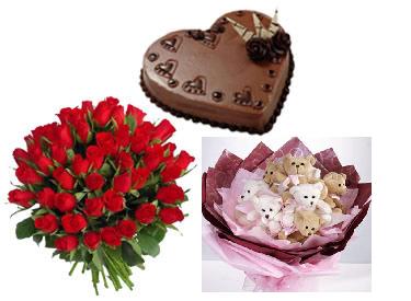 1 kg heart chocolate cake 24 red roses bouquet with a bouquet of 6 Teddies 6 inches each