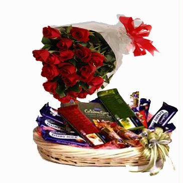 12 red roses with cadburys chocolates basket