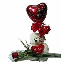 6 inches Teddy with Valentine heart 1 Red Rose and 1 Heart Balloon